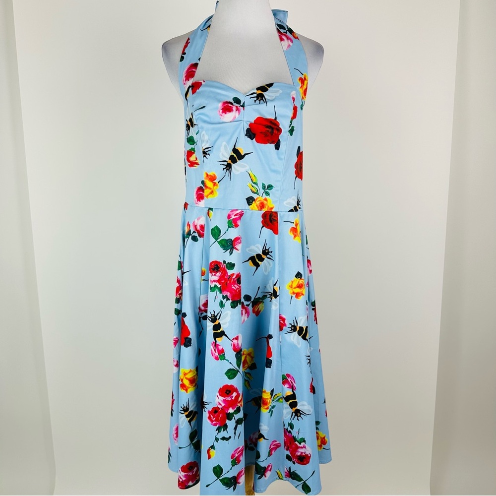 Anni Coco Floral Bee Print Rockabilly Retro Pinup Halter Flare Dress Size XL